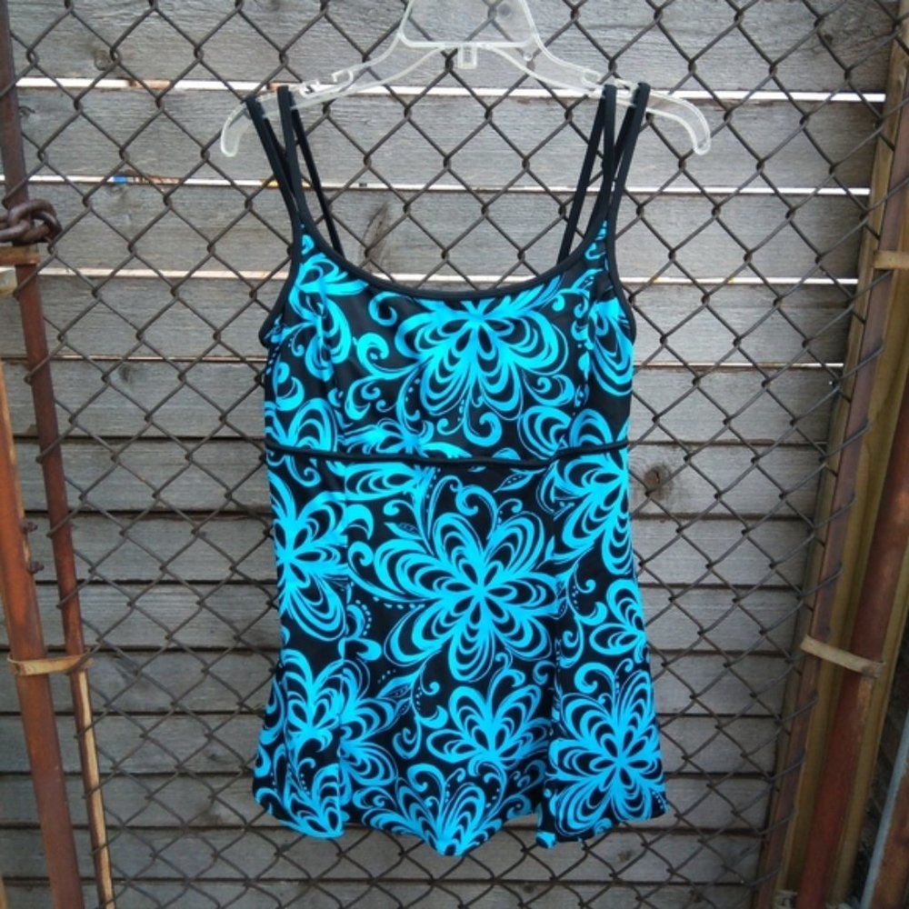 Croft & Barrow Blue Black Floral Swimsuit Bathing Suit Dress Size 14